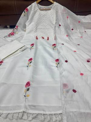  white straight kurti pant set with rose motif embroidery for women 4