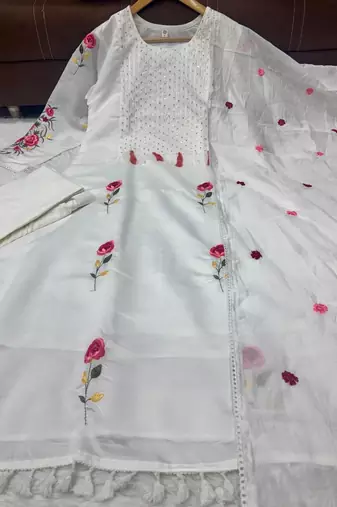 Elegant white straight kurti pant set with rose motif embroidery for women