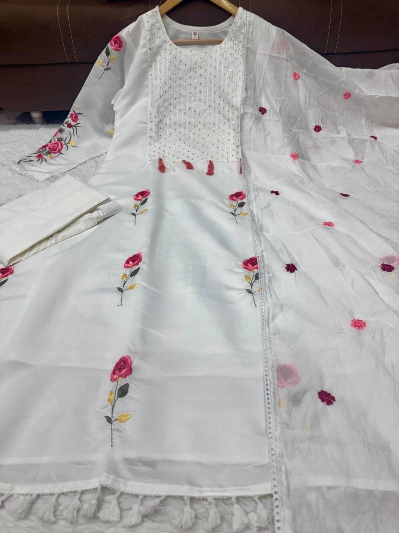 Elegant white straight kurti pant set with rose motif embroidery for women