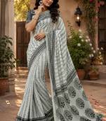 white chanderi cotton printed ready to wear saree with unstitched blouse piece