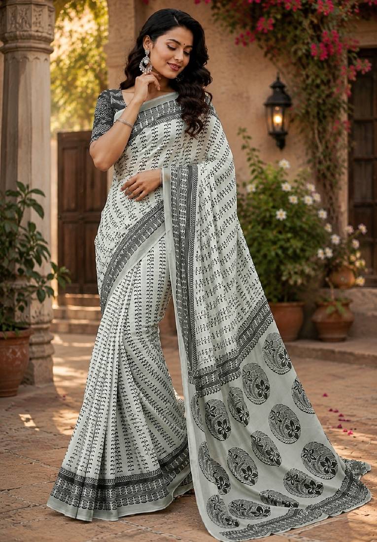 white chanderi cotton printed ready to wear saree with unstitched blouse piece