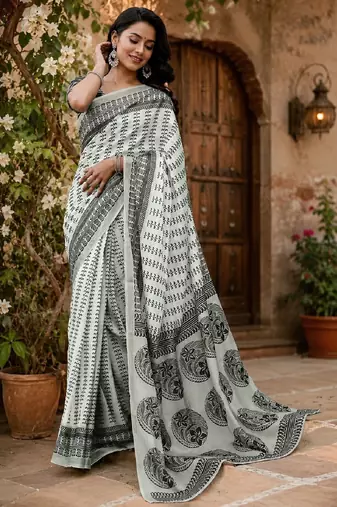white chanderi cotton printed ready to wear saree with unstitched blouse piece