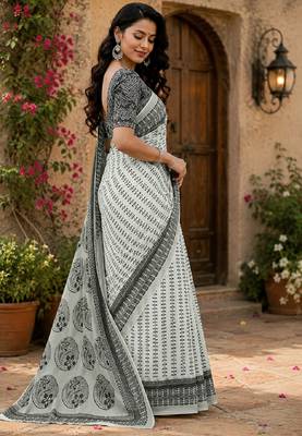 white chanderi cotton printed ready to wear saree with unstitched blouse piece 3