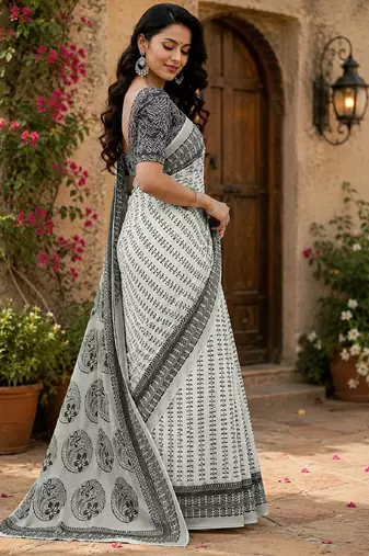 white chanderi cotton printed ready to wear saree with unstitched blouse piece