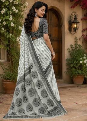 white chanderi cotton printed ready to wear saree with unstitched blouse piece 4