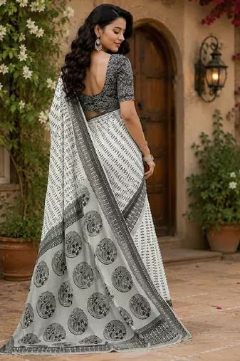 white chanderi cotton printed ready to wear saree with unstitched blouse piece