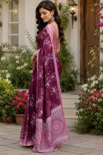 wine chanderi cotton printed ready to wear saree with unstitched blouse piece