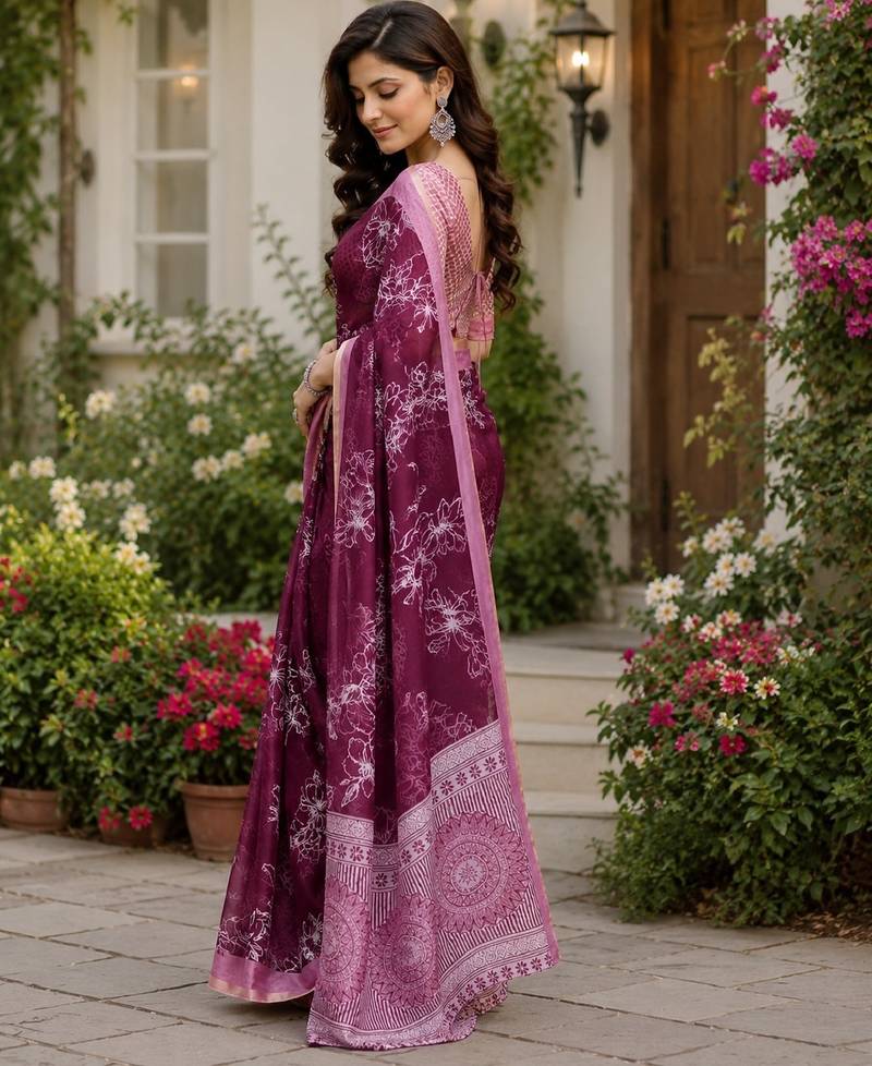 wine chanderi cotton printed ready to wear saree with unstitched blouse piece