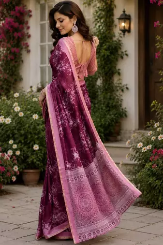 wine chanderi cotton printed ready to wear saree with unstitched blouse piece