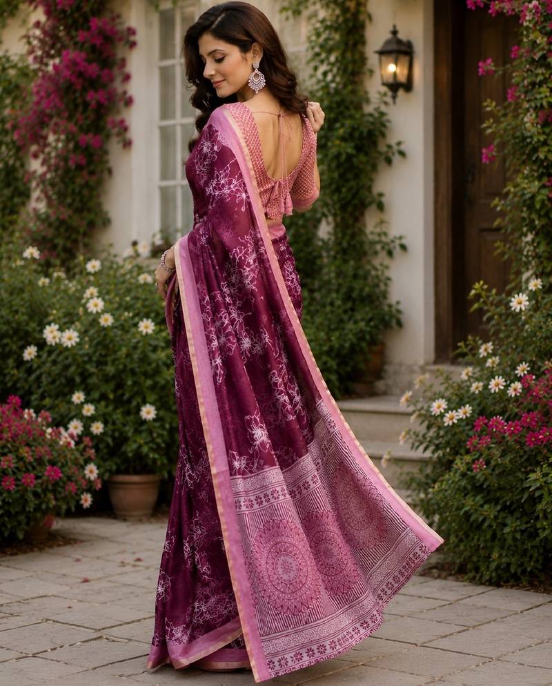 wine chanderi cotton printed ready to wear saree with unstitched blouse piece
