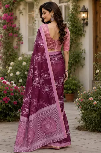 wine chanderi cotton printed ready to wear saree with unstitched blouse piece