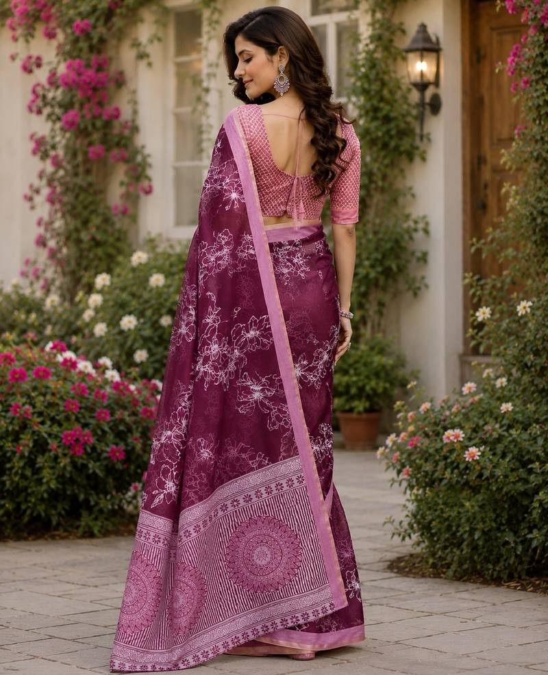 wine chanderi cotton printed ready to wear saree with unstitched blouse piece