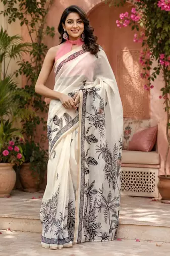 white chanderi cotton printed ready to wear saree with unstitched blouse piece