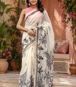 white chanderi cotton printed ready to wear saree with unstitched blouse piece