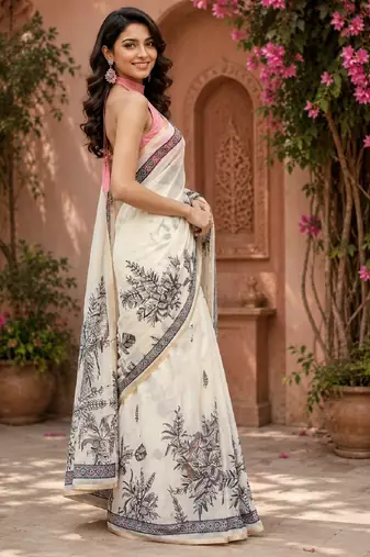 white chanderi cotton printed ready to wear saree with unstitched blouse piece