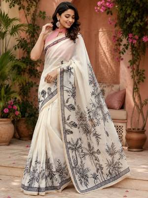 white chanderi cotton printed ready to wear saree with unstitched blouse piece 4
