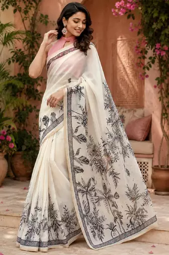 white chanderi cotton printed ready to wear saree with unstitched blouse piece