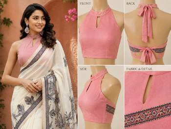 white chanderi cotton printed ready to wear saree with unstitched blouse piece 5