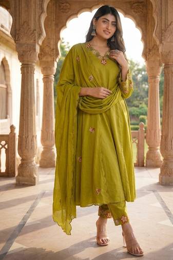 Olive green embroidered straight suit set with dupatta