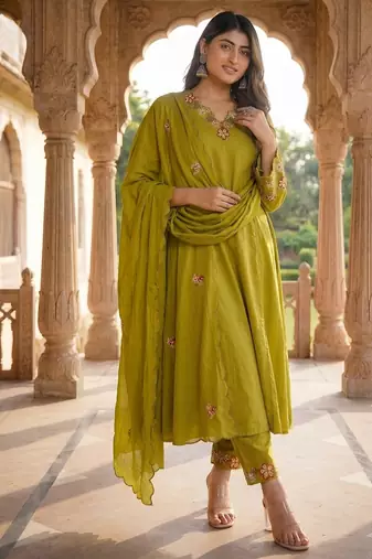 Olive green embroidered straight suit set with dupatta