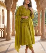 Olive green embroidered straight suit set with dupatta