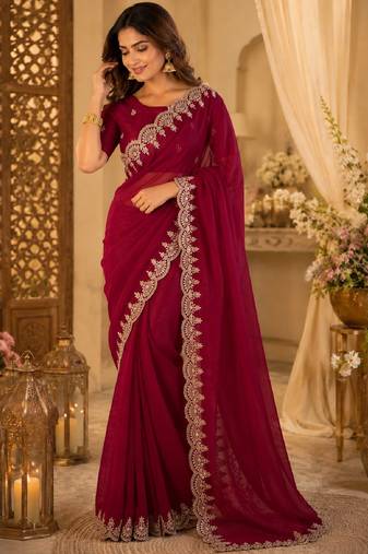 Rani pink soft shimmer chiffon embroidery saree with unstitched blouse piece