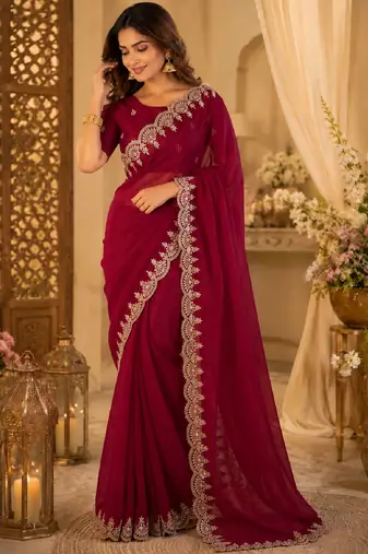 Rani pink soft shimmer chiffon embroidery saree with unstitched blouse piece