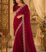 Rani pink soft shimmer chiffon embroidery saree with unstitched blouse piece