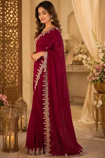 Rani pink soft shimmer chiffon embroidery saree with unstitched blouse piece