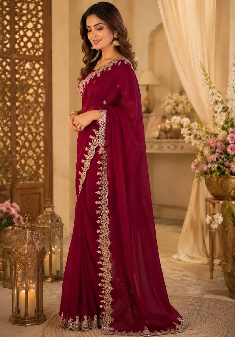Rani pink soft shimmer chiffon embroidery saree with unstitched blouse piece