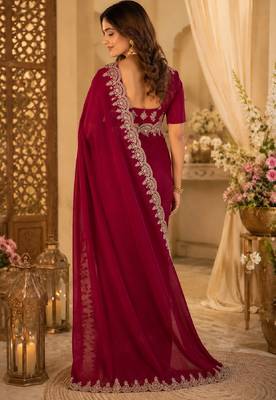 Rani pink soft shimmer chiffon embroidery saree with unstitched blouse piece 3