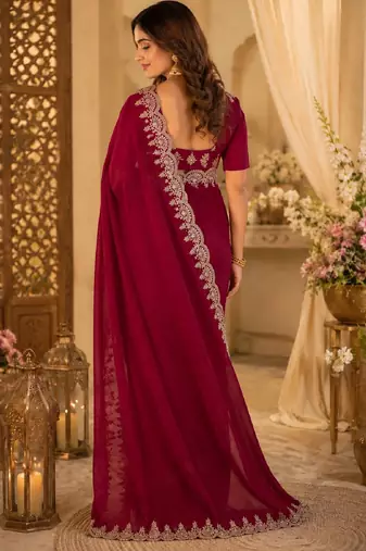 Rani pink soft shimmer chiffon embroidery saree with unstitched blouse piece