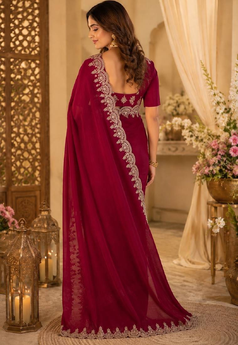 Rani pink soft shimmer chiffon embroidery saree with unstitched blouse piece