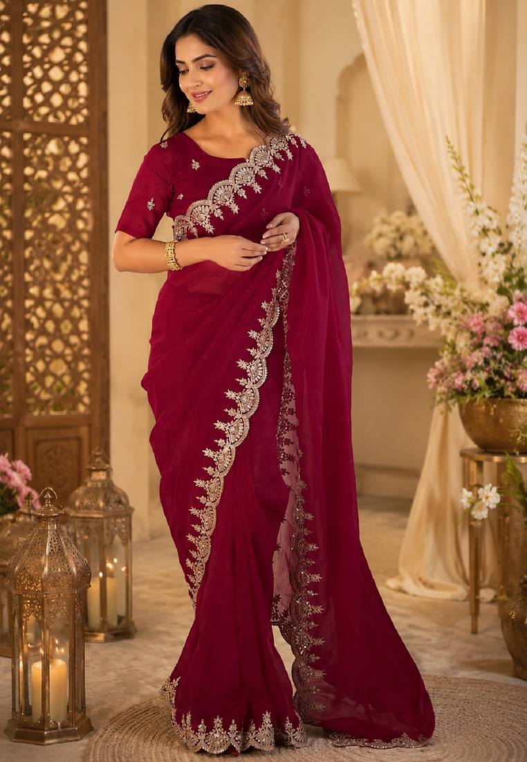 Rani pink soft shimmer chiffon embroidery saree with unstitched blouse piece