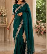 Turquoise soft shimmer chiffon embroidery saree with unstitched blouse piece
