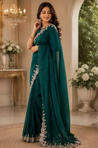 Turquoise soft shimmer chiffon embroidery saree with unstitched blouse piece