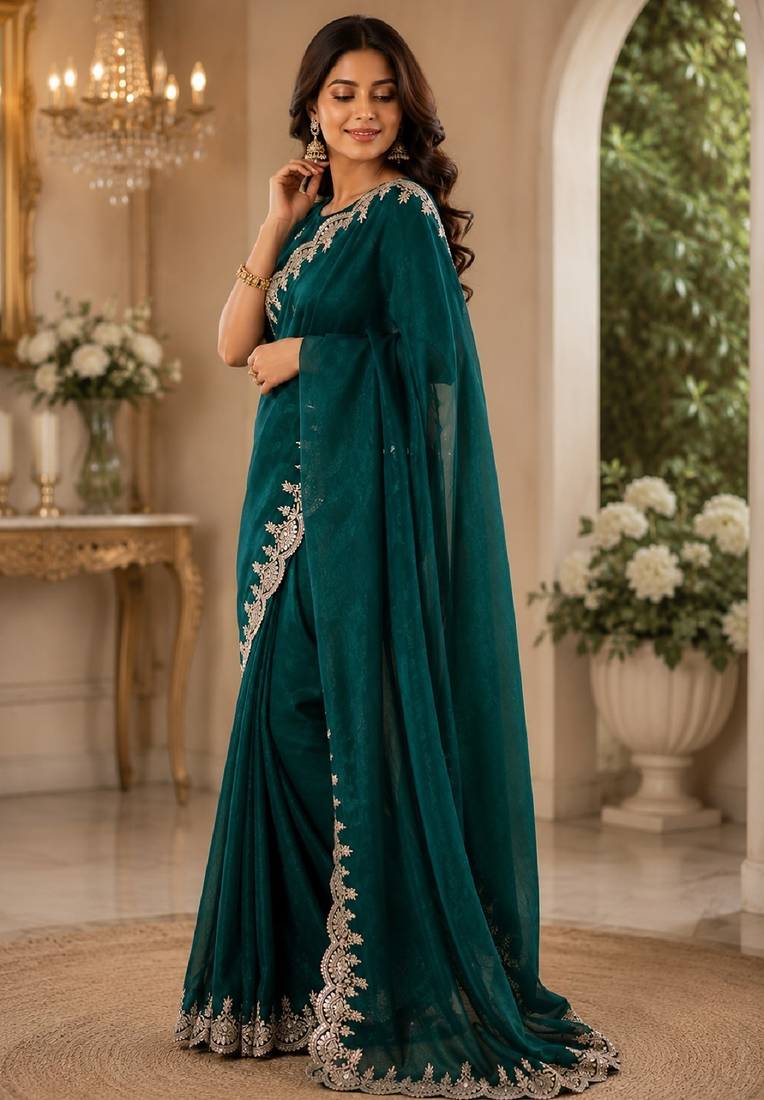 Turquoise soft shimmer chiffon embroidery saree with unstitched blouse piece
