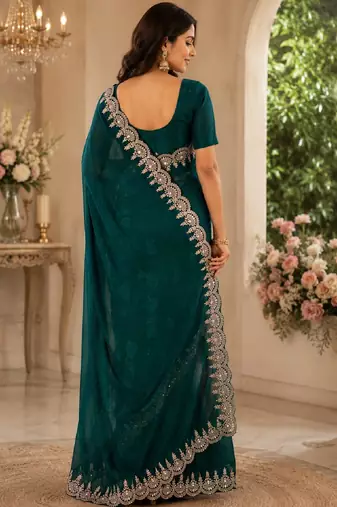 Turquoise soft shimmer chiffon embroidery saree with unstitched blouse piece
