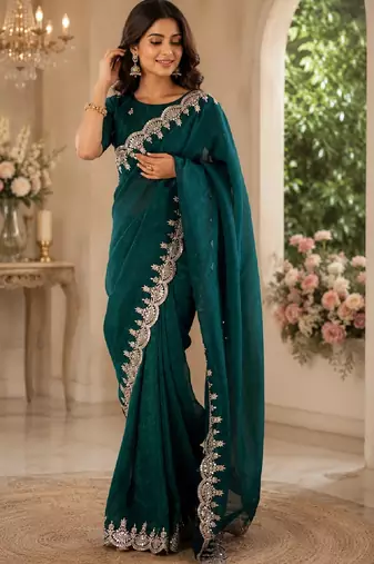 Turquoise soft shimmer chiffon embroidery saree with unstitched blouse piece