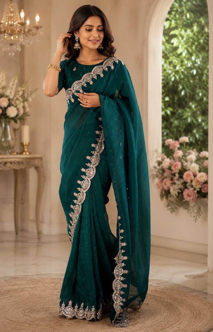 Turquoise soft shimmer chiffon embroidery saree with unstitched blouse piece