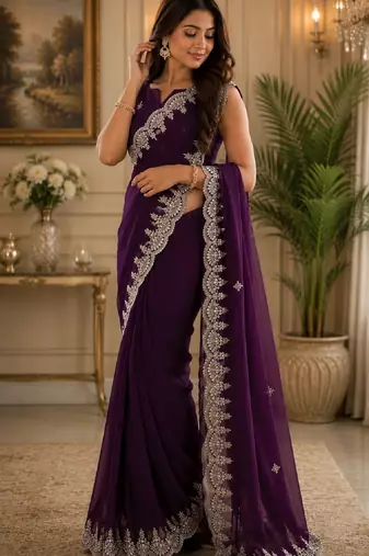 Wine soft shimmer chiffon embroidery saree with unstitched blouse piece