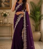 Wine soft shimmer chiffon embroidery saree with unstitched blouse piece