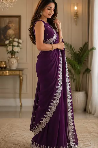 Wine soft shimmer chiffon embroidery saree with unstitched blouse piece