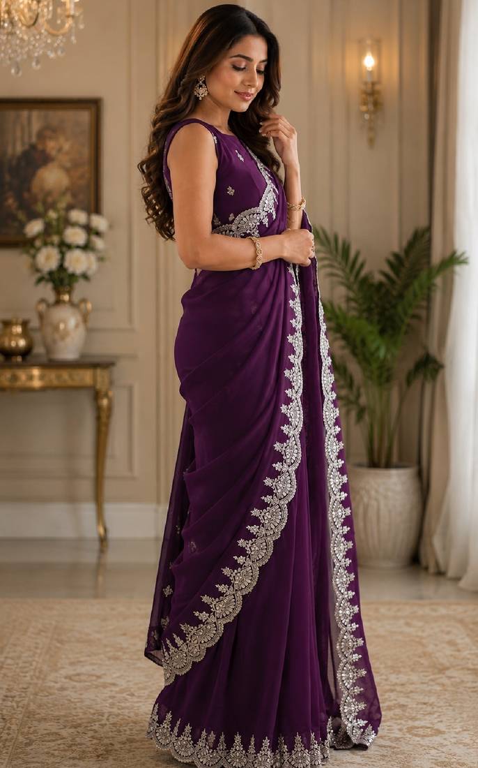 Wine soft shimmer chiffon embroidery saree with unstitched blouse piece