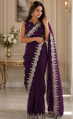 Wine soft shimmer chiffon embroidery saree with unstitched blouse piece 4