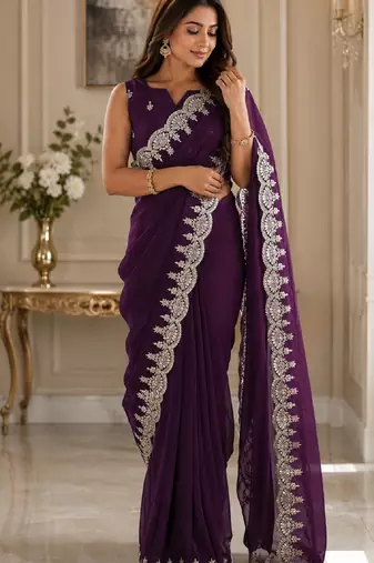 Wine soft shimmer chiffon embroidery saree with unstitched blouse piece