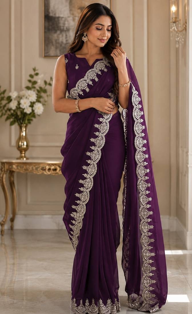 Wine soft shimmer chiffon embroidery saree with unstitched blouse piece