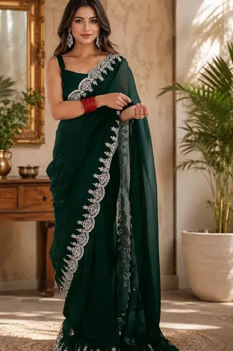 Green soft shimmer chiffon embroidery saree with unstitched blouse piece