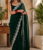 Green soft shimmer chiffon embroidery saree with unstitched blouse piece