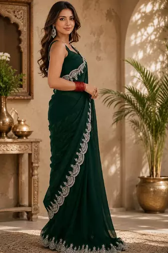 Green soft shimmer chiffon embroidery saree with unstitched blouse piece